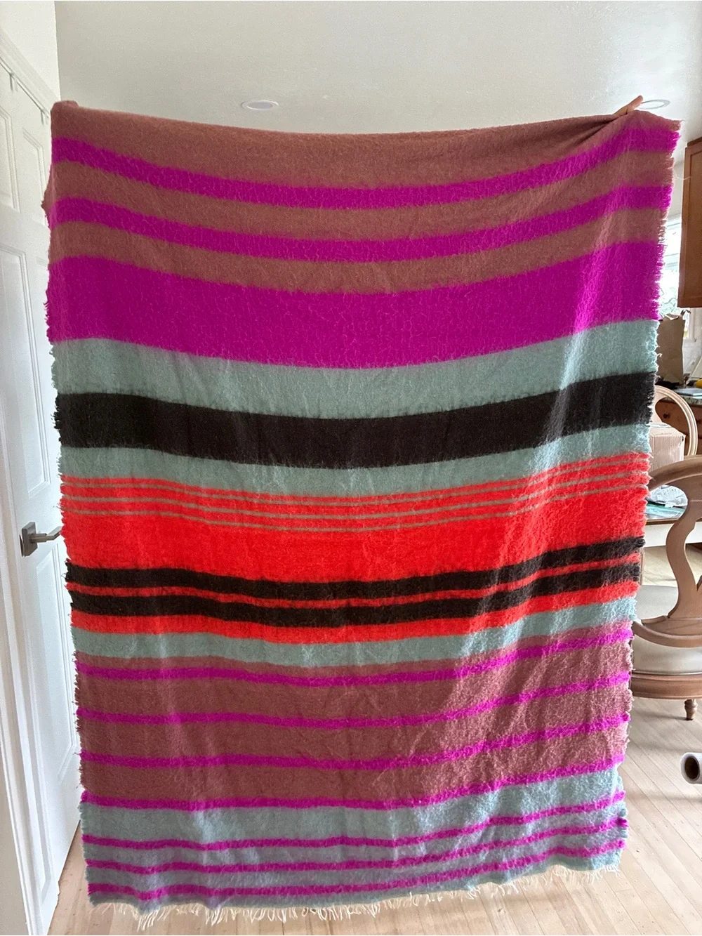 Anthropologie Fuzzy Striped Throw in Hot Pink and Aqua Whimsy Boho